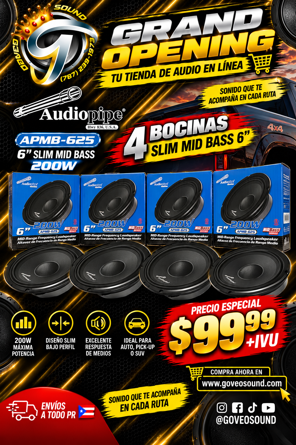 🔥 OFERTA GRAND OPENING – 4 AUDIOPIPE SLIM MID BASS 6” 🔥