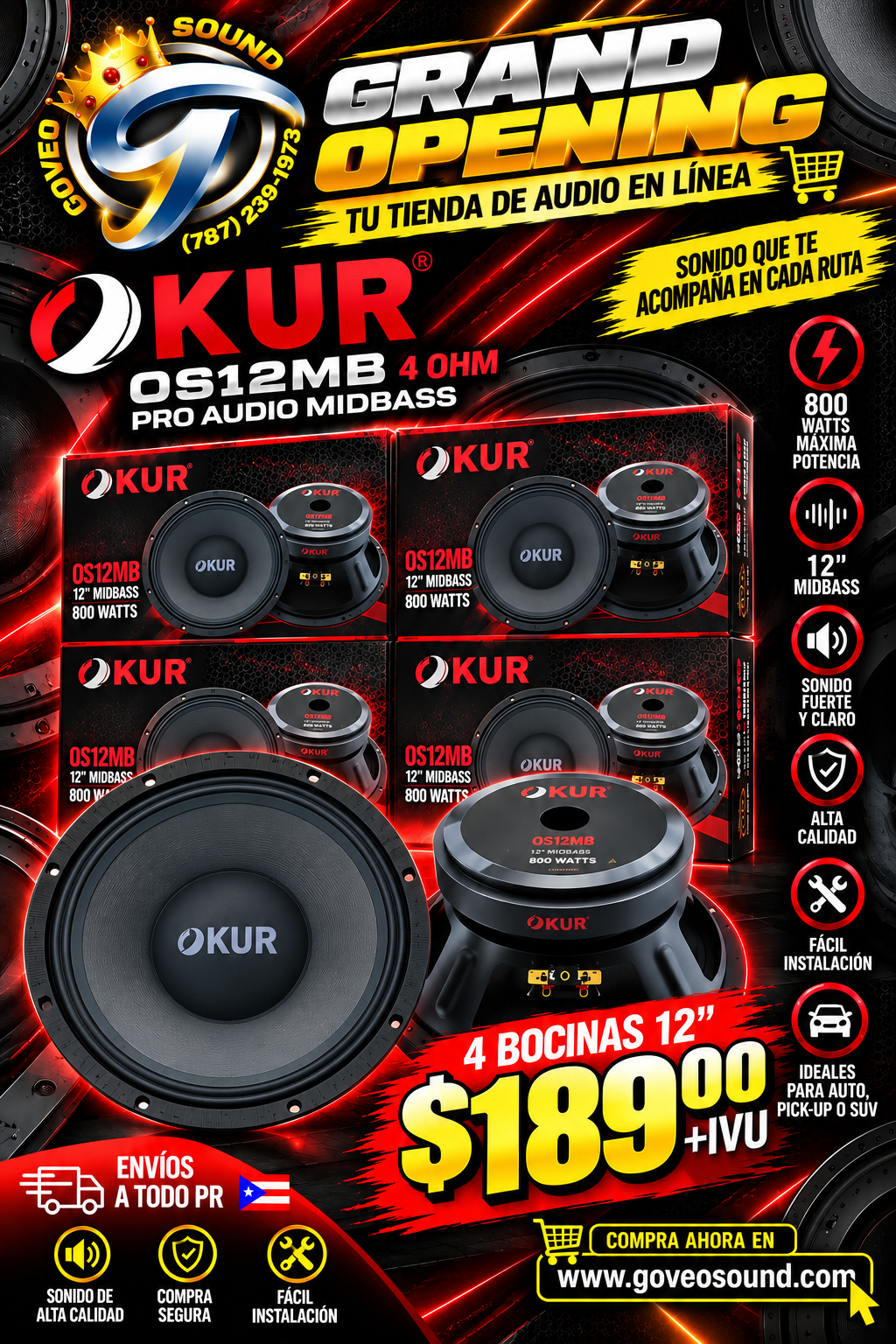 COMBO 4 BOCINAS 12 800W OKUR OS12MB 12” – 4 OHM